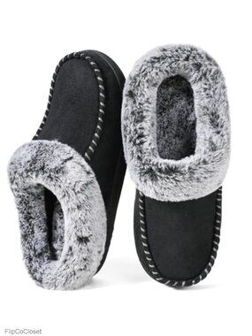 Memory Foam Hard Bottom House Slippers with Suede Upper and Faux Fur